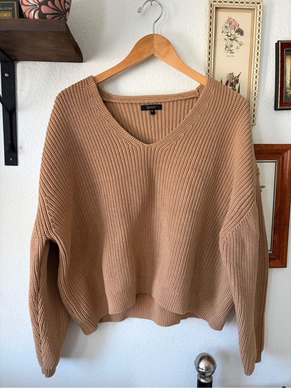 Quince Women's Fisherman V-Neck Chunky Knit Sweater - Camel/Tan - XL 100% cotton
